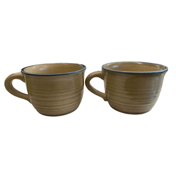 Vintage Set 2 Pfaltzgraff Folk Art Tan & Blue Coffee Cups Mug USA - Picture 4 of 8
